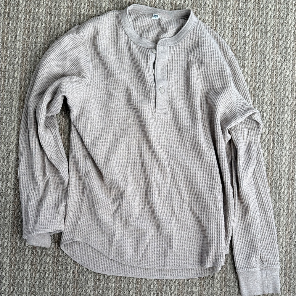 Free People Beige Waffle Knit Henley Blouse